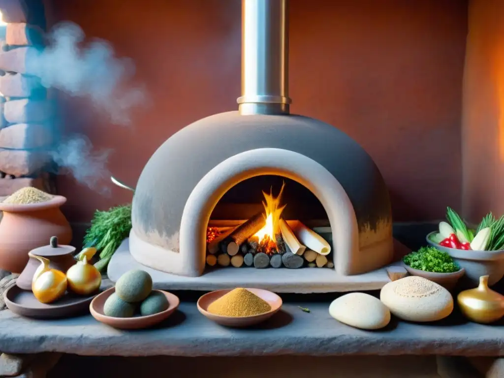 Un horno Huatia tradicional con detalles intrincados, rodeado de vegetales andinos