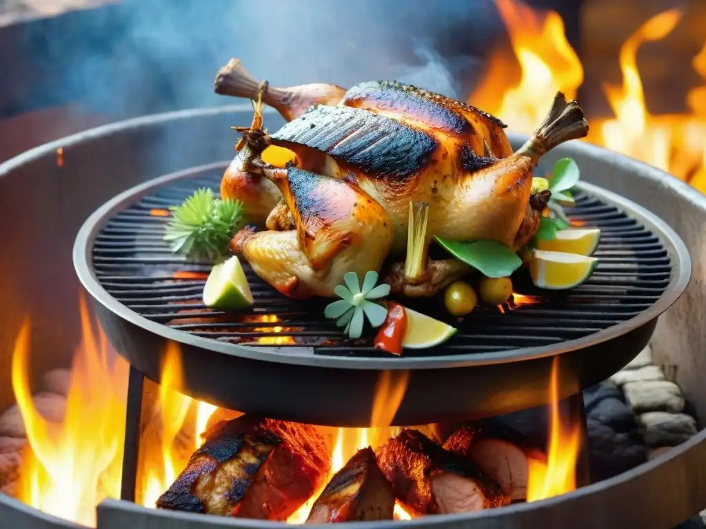 Un horno tradicional peruano con un delicioso pollo a la brasa girando lentamente sobre las llamas, en un animado mercado peruano