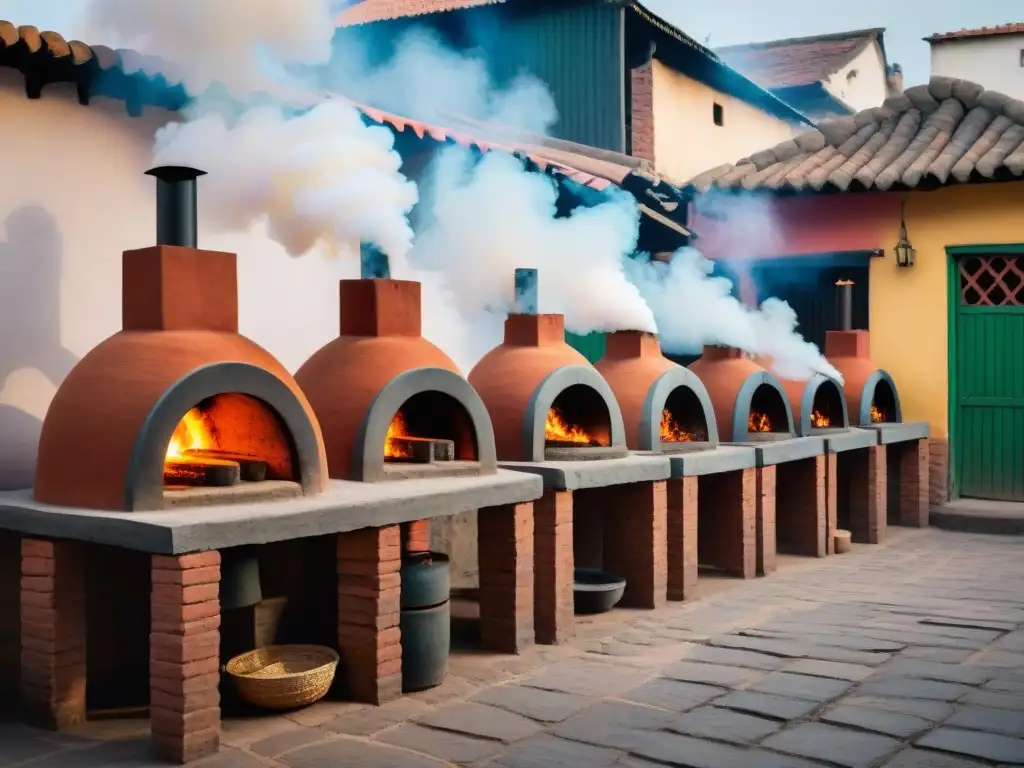 Hornos de barro peruanos decorados con motivos coloridos, en calles de Lima