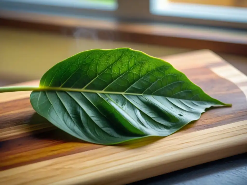 Preparando huacatay fresco para guisos, cortando una hoja vibrante en una tabla de madera