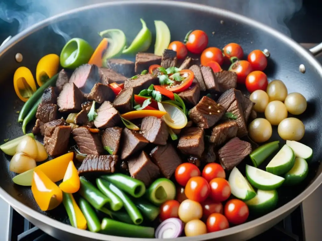 El humeante lomo saltado peruano se prepara con maestría: tiras de carne, verduras frescas y un wok caliente