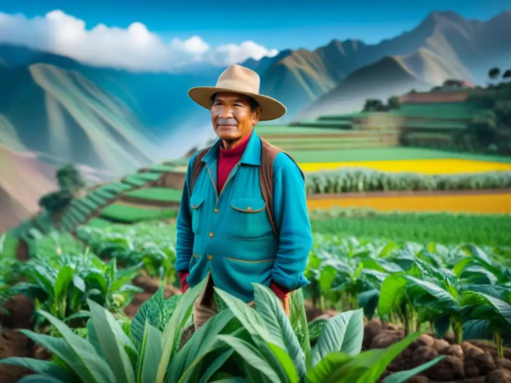 Un humilde agricultor peruano cuidando sus campos de cultivo, destacando la biodiversidad de cultivos peruanos