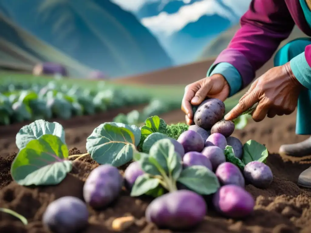 Un humilde agricultor peruano cosechando papas moradas, resaltando la autenticidad de los productores de ingredientes autóctonos en la cocina peruana