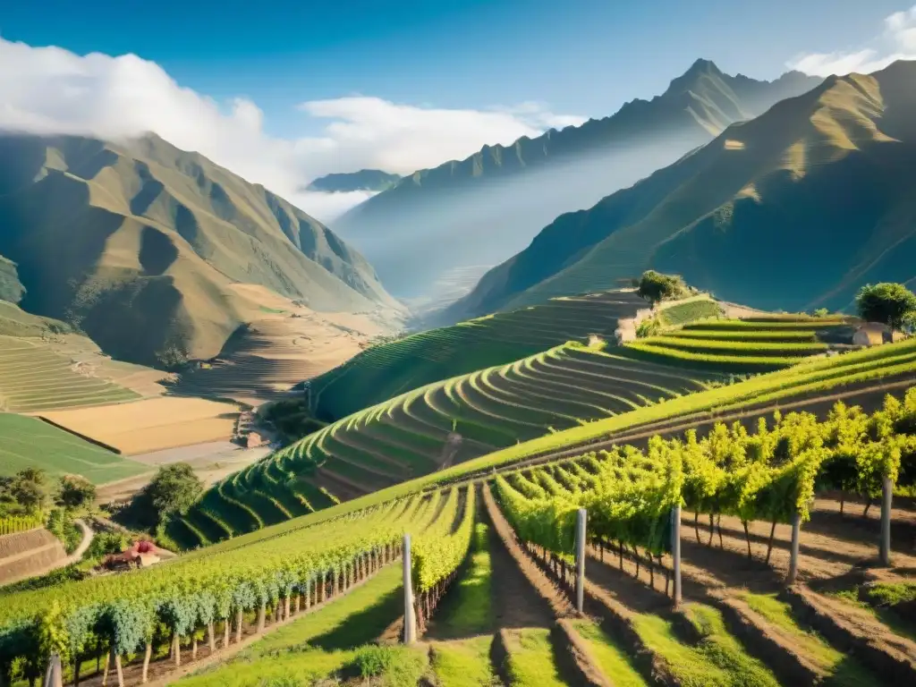 Idílica viña en Perú, agricultores locales cuidan las vides bajo cielo azul