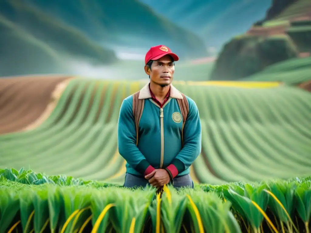 Imagen de un agricultor peruano en un campo vibrante utilizando tecnología agrícola sostenible en Perú, fusionando tradición y modernidad