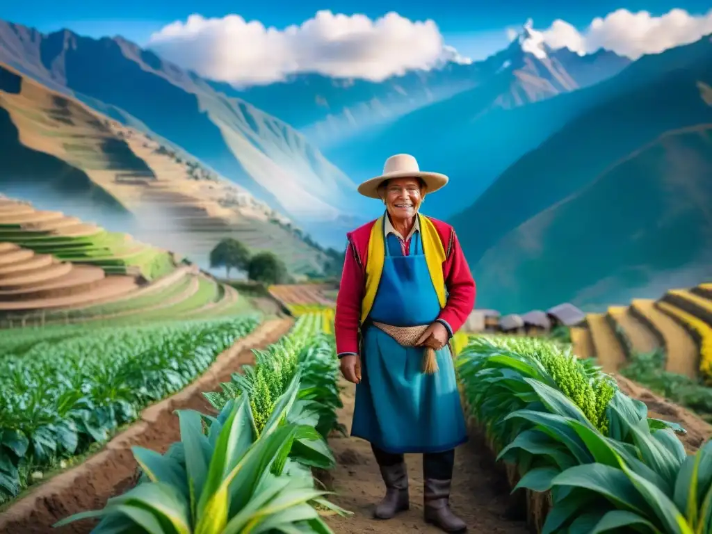 Imagen de un agricultor peruano tradicional en los Andes, cuidando un colorido cultivo de quinua, papas y maíz