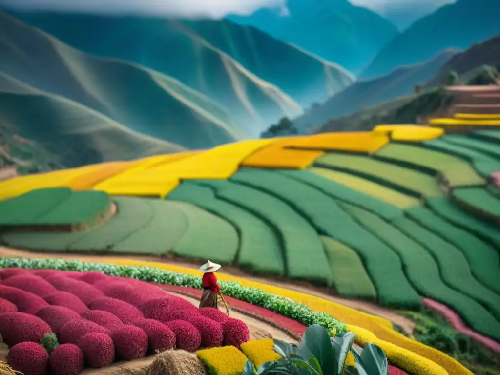 Cosecha sostenible: agricultores indígenas en los Andes peruanos Imagen de agricultores peruanos cosechando cultivos coloridos en los Andes, con campos de quinua vibrantes y métodos agrícolas tradicionales