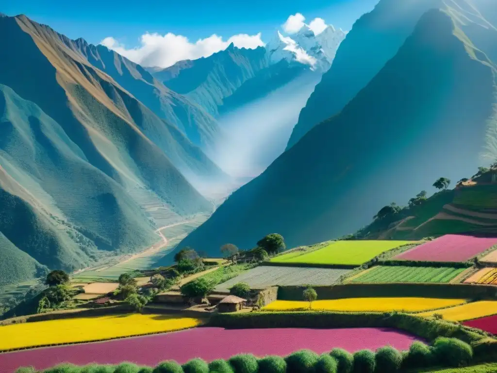 Imagen de agricultura biodinámica en Perú: campesinos indígenas cultivan quinua, maíz y papas en los Andes, con llamas y montañas de fondo