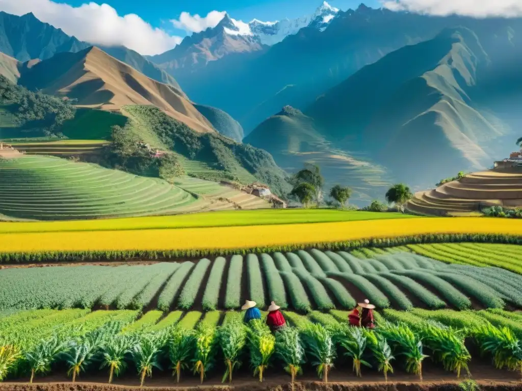 Imagen de agricultura sostenible en Perú: campesinos cultivando terrazas con quinoa, papas y maíz frente a los majestuosos Andes nevados