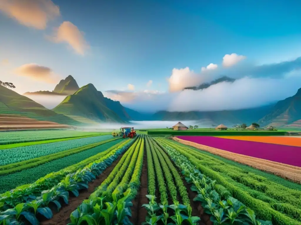 Imagen de agricultura sostenible en Perú: campos verdes al amanecer, casas de adobe y agricultores locales coloridos