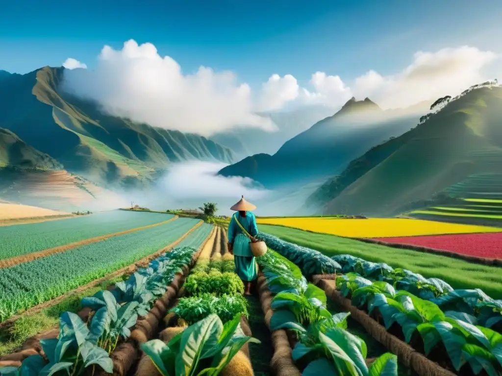 Imagen de agricultura sostenible en Perú: paisaje colorido con cultivos y agricultor andino trabajando al amanecer