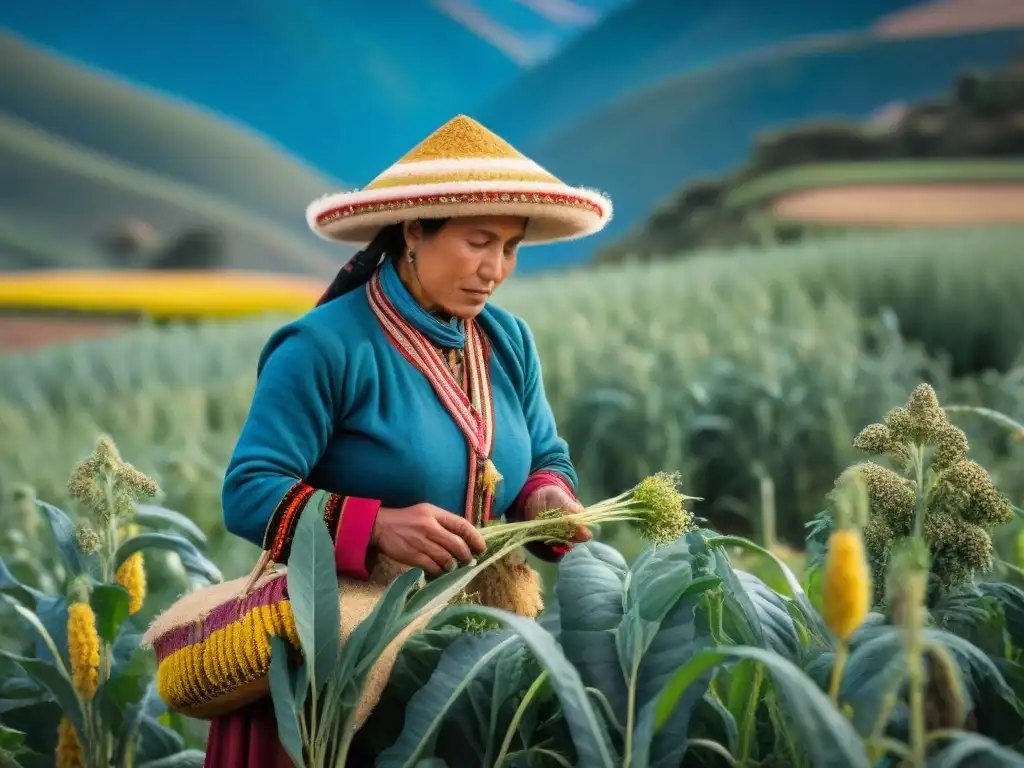 Vivid imagen de campo de quinua andina con agricultores locales en trajes tradicionales