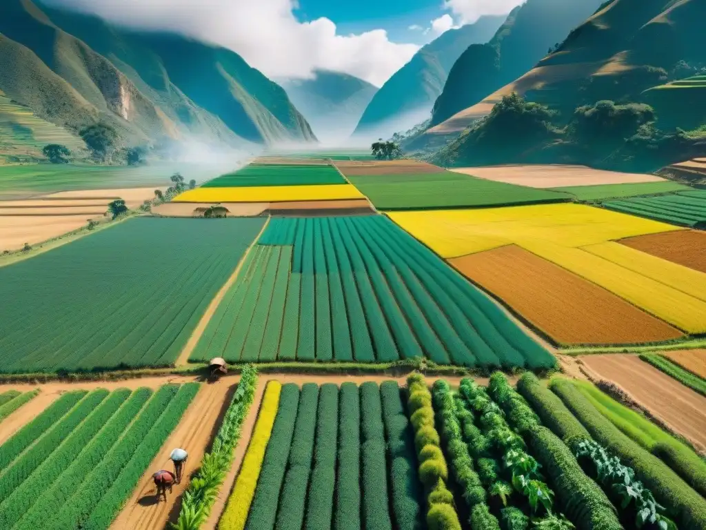 Imagen detallada de la agricultura sostenible en Perú: paisaje andino vibrante con agricultores locales trabajando en armonía con la tierra y el agua