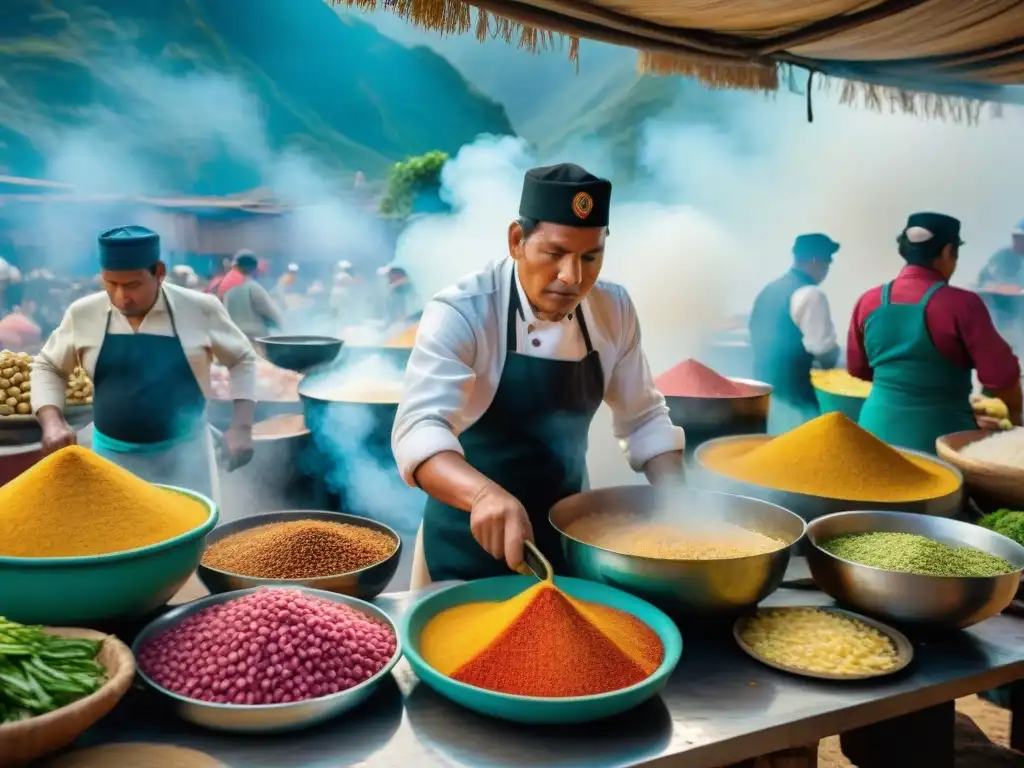 Imagen detallada de una bulliciosa plaza peruana durante la Revolución Industrial, fusionando técnicas culinarias antiguas y modernas