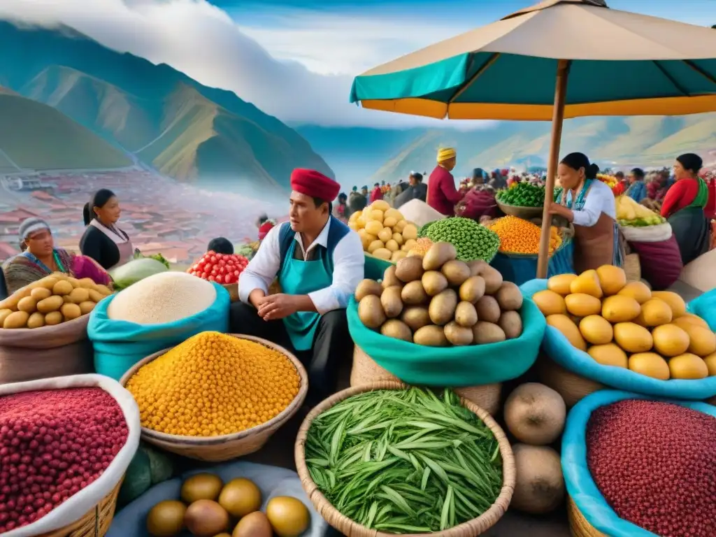 Una imagen detallada de un bullicioso mercado en Lima, Perú, con ingredientes tradicionales y vendedores locales en trajes típicos