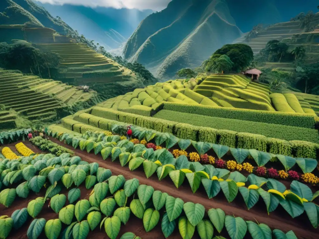 Imagen detallada de una plantación de cacao en Perú, con árboles cargados de coloridos frutos