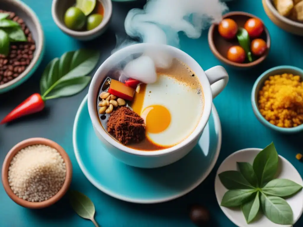 Una imagen detallada muestra un café peruano rodeado de platos emblemáticos en cocina fusión