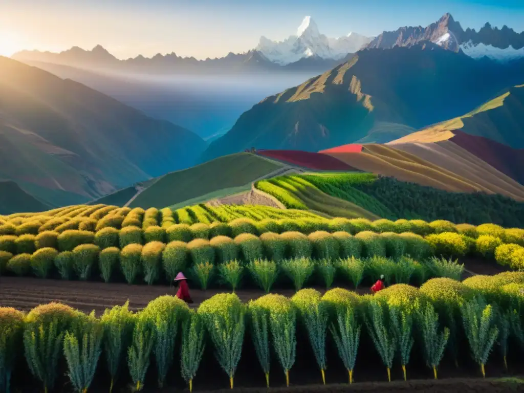 Imagen detallada de un campo de quinua en los Andes peruanos, resaltando la importancia de la quinua en Perú