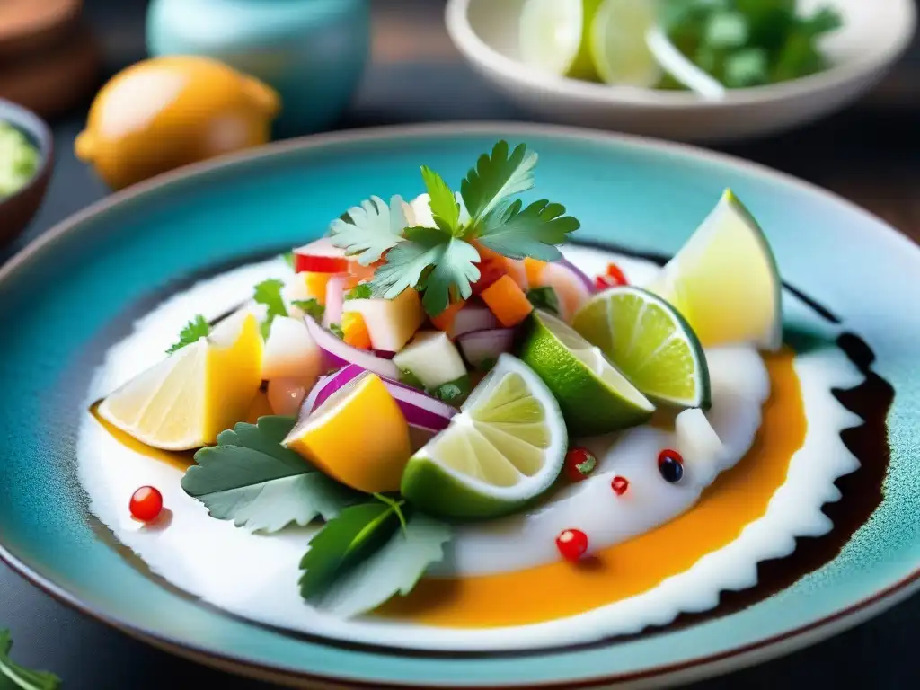 Una imagen detallada de ceviche peruano con pisco, limón y cilantro en plato de cerámica artesanal