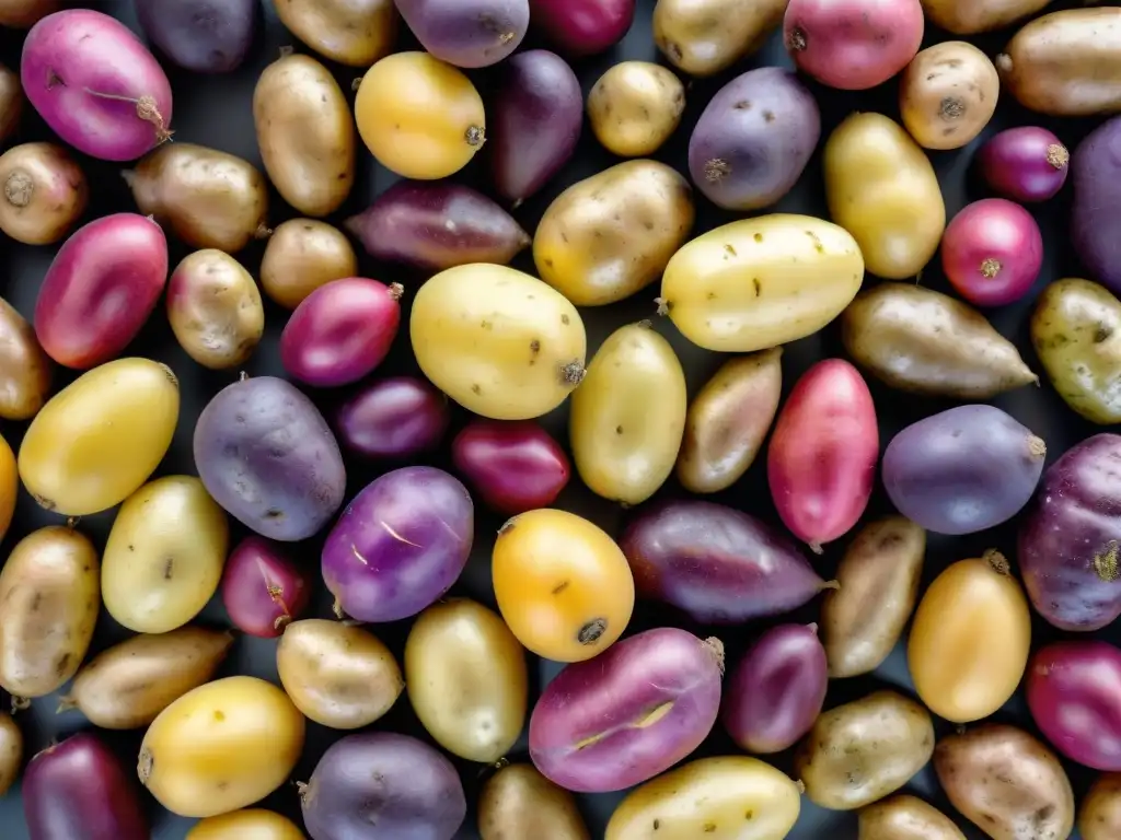 Una imagen detallada y colorida de variedades de papas peruanas autóctonas en tonos púrpuras, rojos y amarillos, resaltando su diversidad y belleza