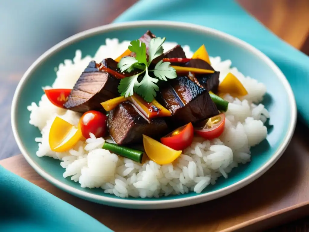 Una imagen detallada de un delicioso Lomo Saltado, plato peruano que fusiona sabores chinos y peruanos