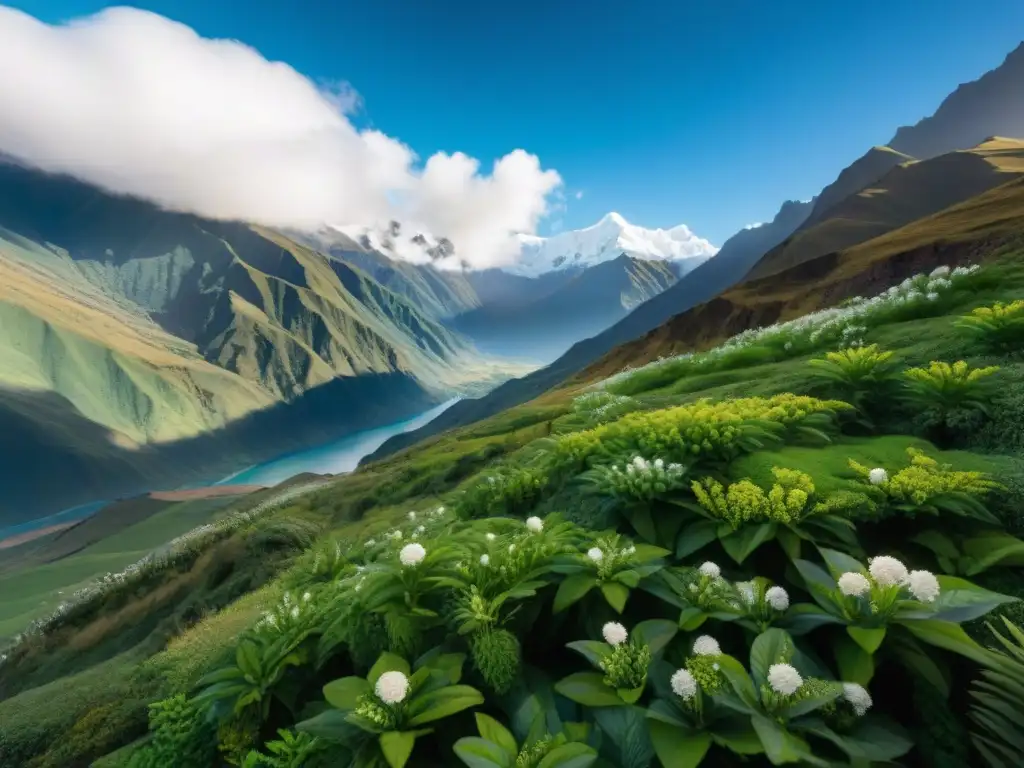 Imagen detallada de un exuberante paisaje andino en Perú, donde la planta cancha serrana florece