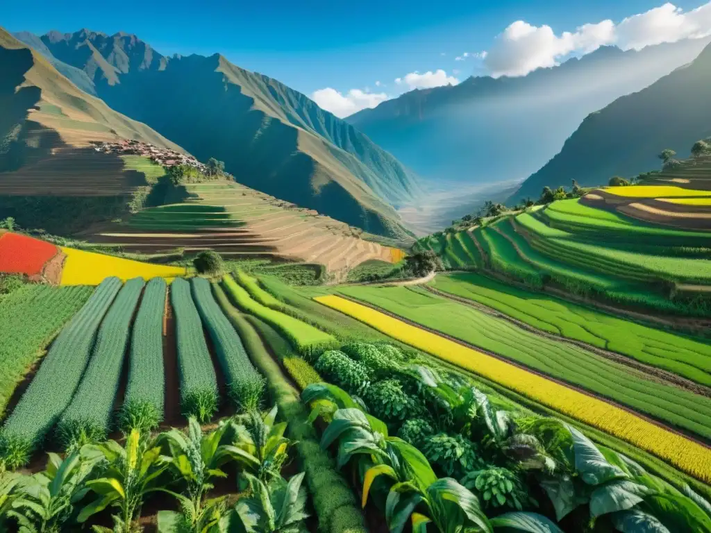 Imagen detallada de una exuberante y vibrante agricultura en los Andes peruanos, con cultivos coloridos como quinua, maíz y papas