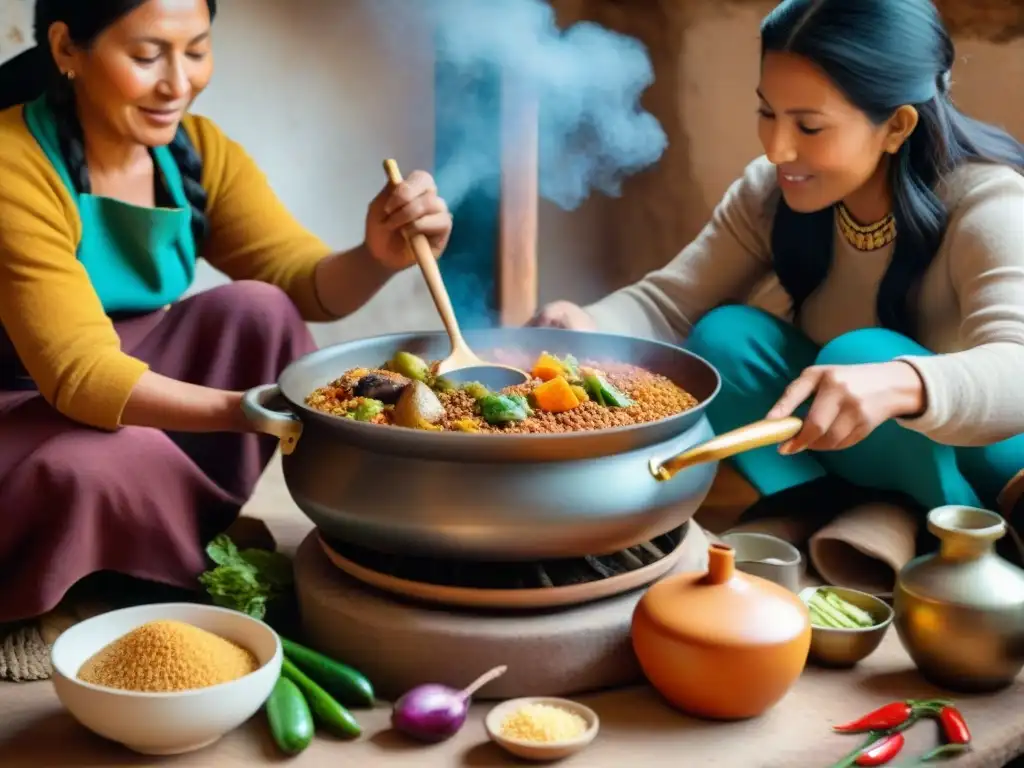 Imagen detallada de una familia peruana cocinando un guiso de quinua tradicional, transmitiendo saberes culinarios ancestrales