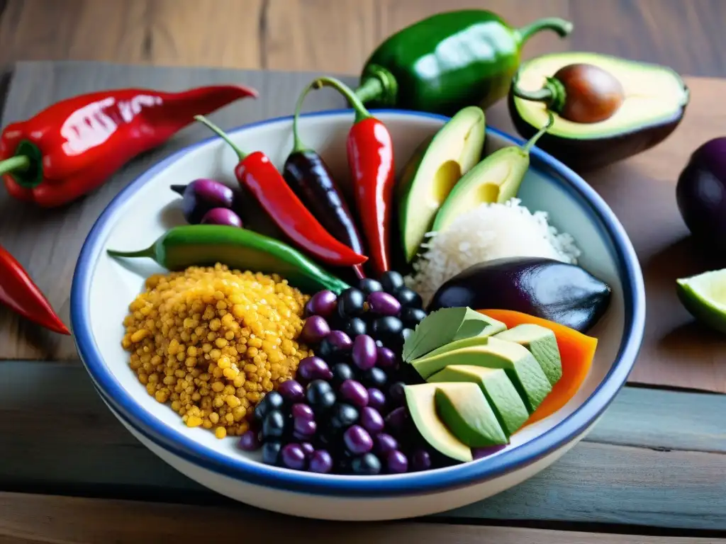 Una imagen detallada de ingredientes peruanos y mexicanos en una mesa rústica, fusionando sabores y culturas en la cocina de vanguardia en Perú