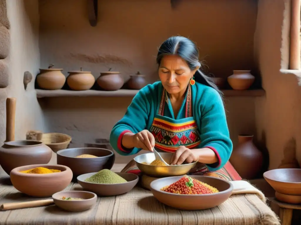 Una imagen detallada de una mujer andina tradicional preparando un plato clásico en una cocina rústica en los Andes