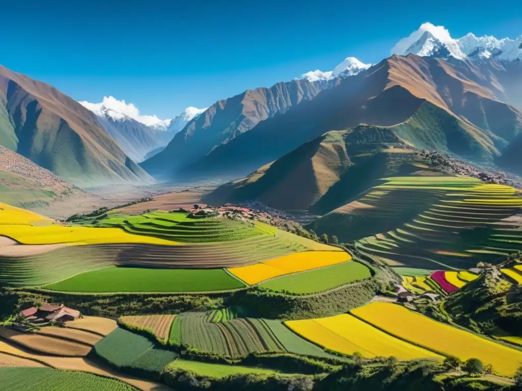 Imagen detallada de paisaje andino con comunidades Quechua, campos de quinua y papas, y montañas nevadas