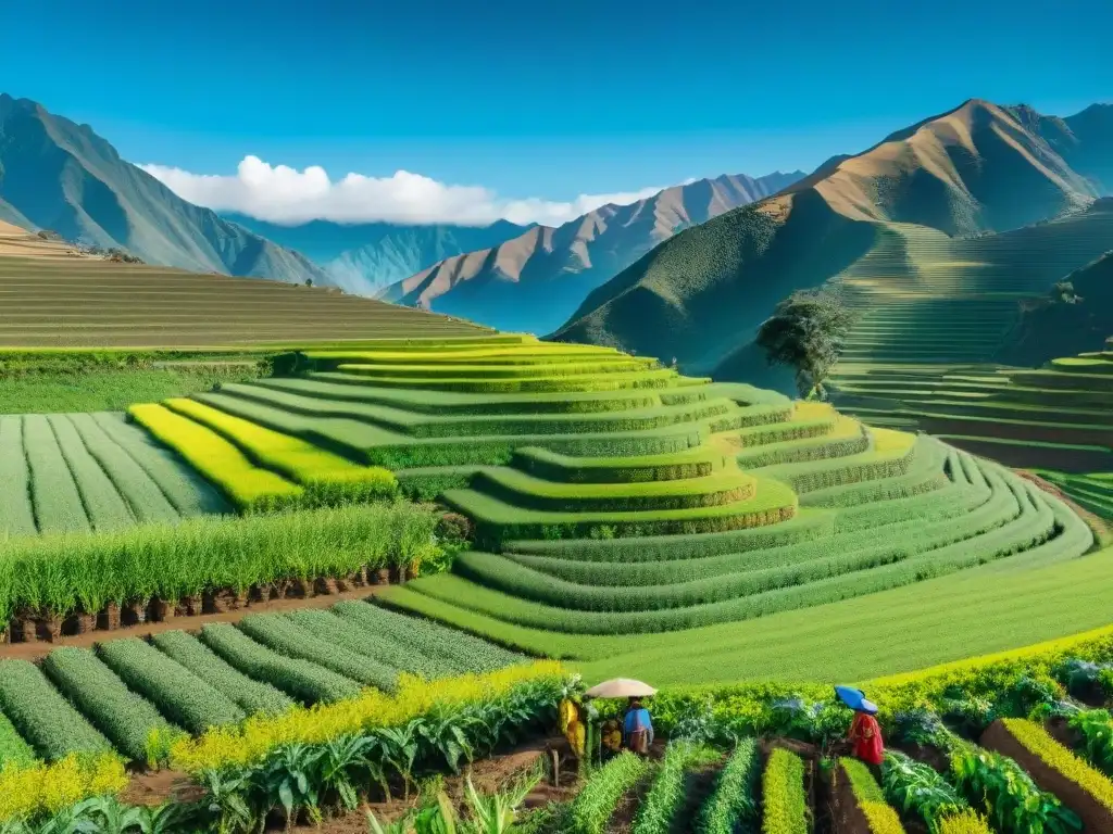 Imagen detallada de paisaje agrícola en Perú con tecnología agrícola sostenible y quinua vibrante