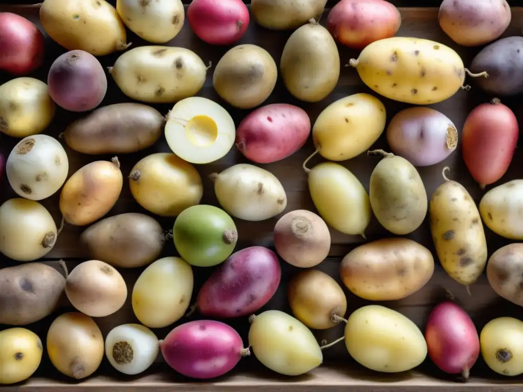 Una imagen detallada de papas peruanas en una mesa rústica, resaltando su diversidad de colores y formas