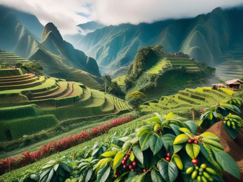 Imagen detallada de una plantación de café peruano tradicional autóctono en los Andes, con recolectores indígenas entre picos neblinosos