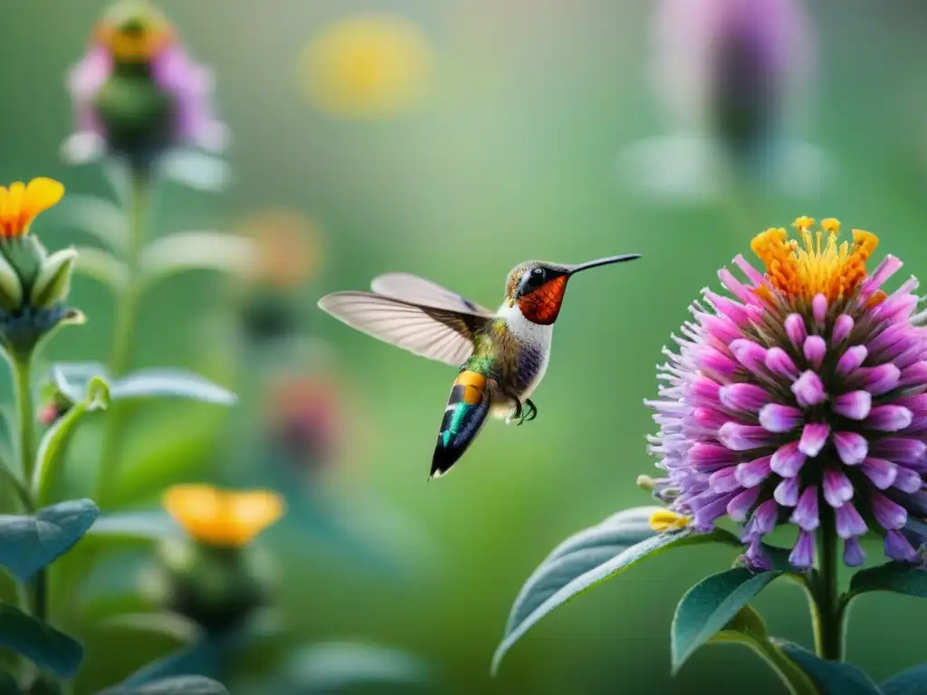 Una imagen detallada de polinizadores interactuando con flores vibrantes en un campo biodiverso