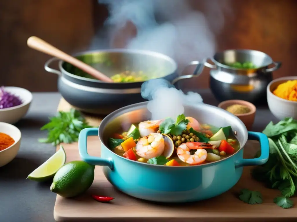 Una imagen detallada de la preparación del chupe de camarones en una cocina rústica, exudando maestría culinaria y aroma tentador