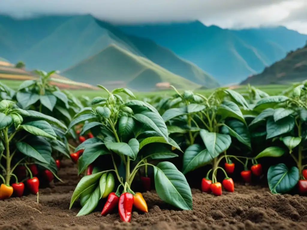 Imagen detallada de un Rocoto peruano vibrante en campo tradicional, con hojas verdes, pimientos rojos y agricultor local