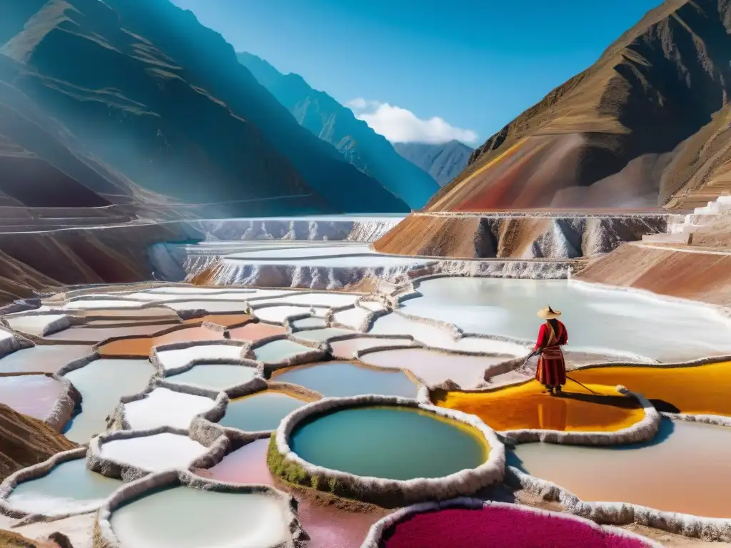 Imagen detallada de las Salinas tradicionales en Peru con trabajadores locales en trajes coloridos cuidando los estanques de sal