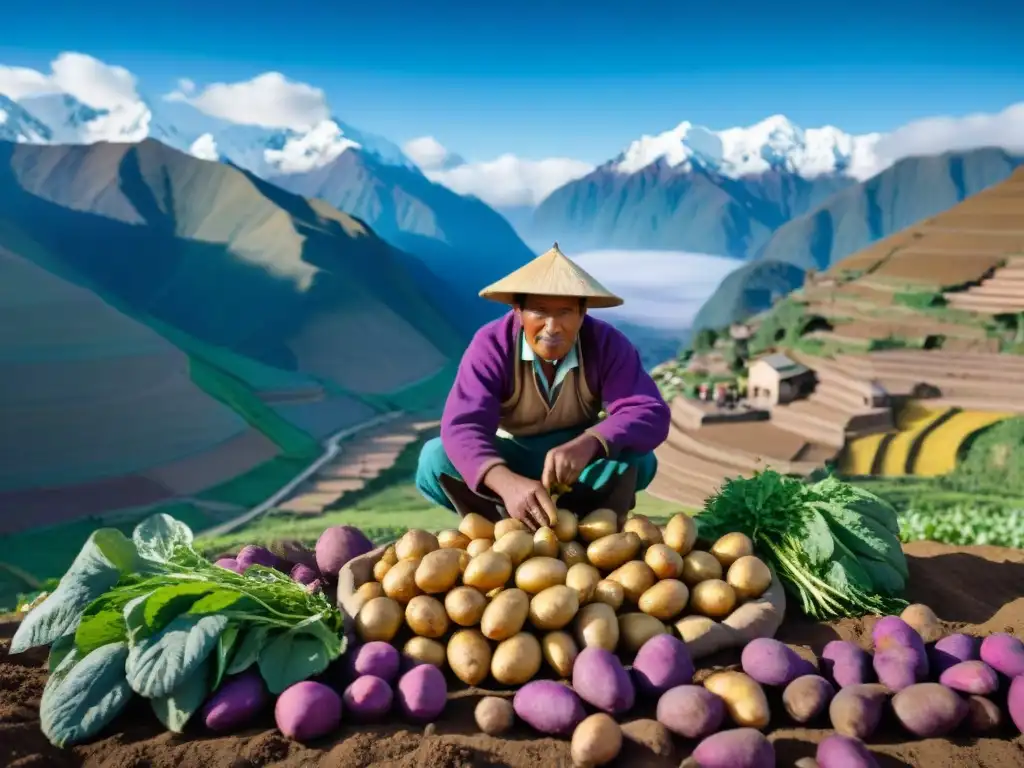 Imagen detallada de agricultura sostenible en cocina fusión: campesino peruano cosechando papas moradas y amarillas en los Andes