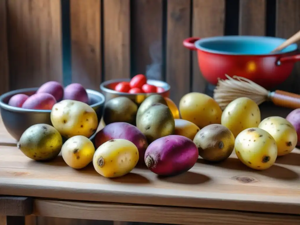 Una imagen detallada de variedades de papas peruanas en una mesa rústica, resaltando colores y texturas