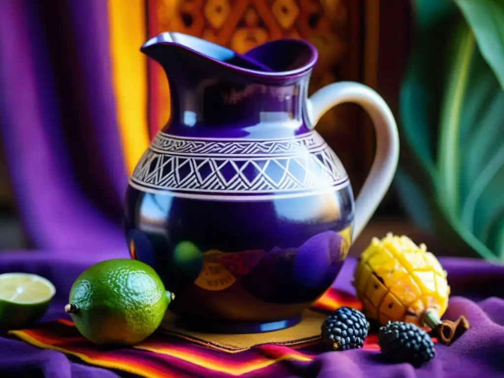 Una imagen detallada y vibrante de chicha morada casera en una jarra tradicional peruana, decorada con limas y piña, sobre textiles andinos