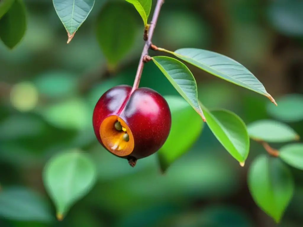 Una imagen detallada de una vibrante fruta Camu Camu, recién cosechada en la selva amazónica