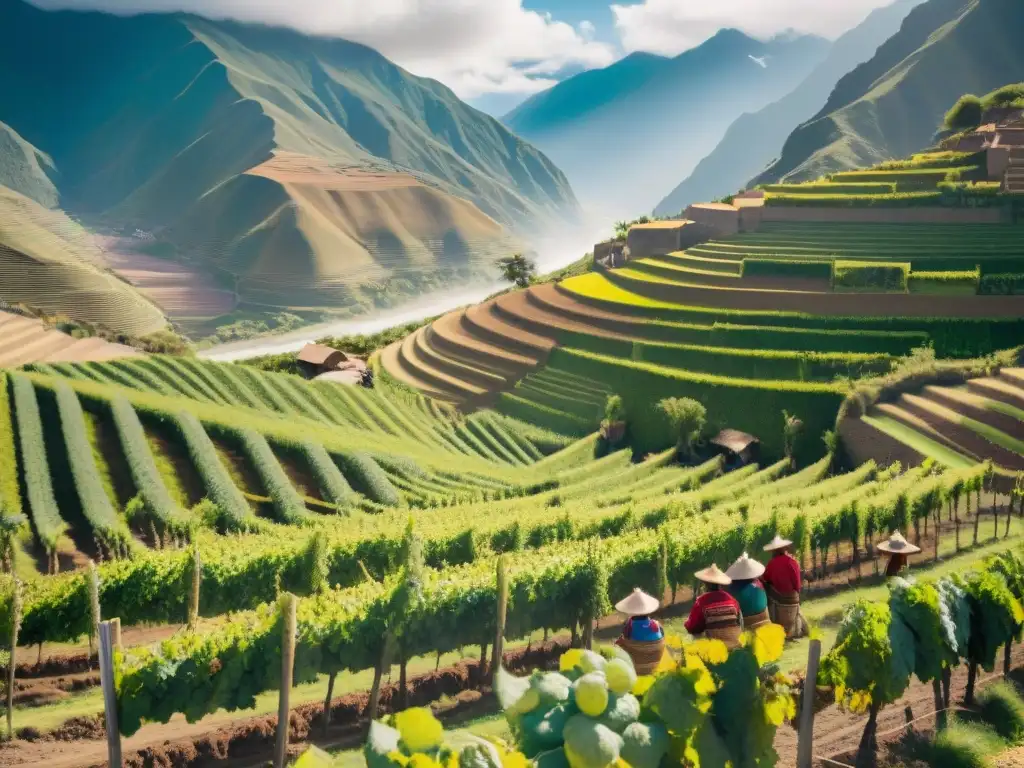 Una imagen detallada de un viñedo exuberante en la campiña peruana, con agricultores locales cuidando uvas