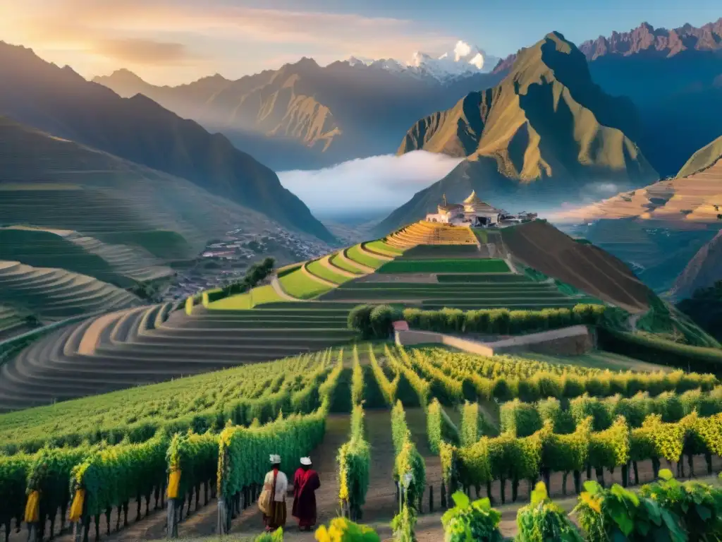 Una imagen documental de alta resolución que captura el atardecer dorado sobre los viñedos de Ica, Perú, en la Ruta del Pisco