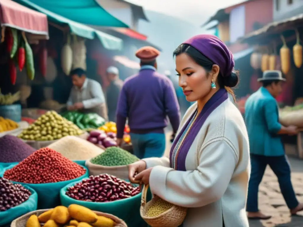 Una imagen documental de un bullicioso mercado peruano, con coloridos productos locales y mujeres indígenas en trajes tradicionales