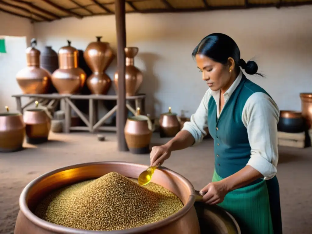 Una imagen documental de alta resolución que captura el proceso intrincado de destilar Anís de Chilca en una destilería tradicional peruana