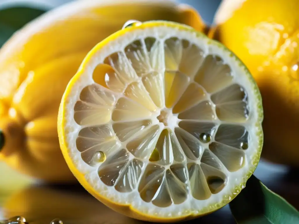 Una imagen documental de alta resolución que muestra un primer plano de un limón peruano recién cortado, resaltando su frescura y belleza natural