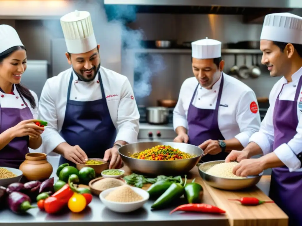 Una imagen envolvente de chefs peruanos en una cocina profesional, destacando la fusión de técnicas culinarias tradicionales y modernas