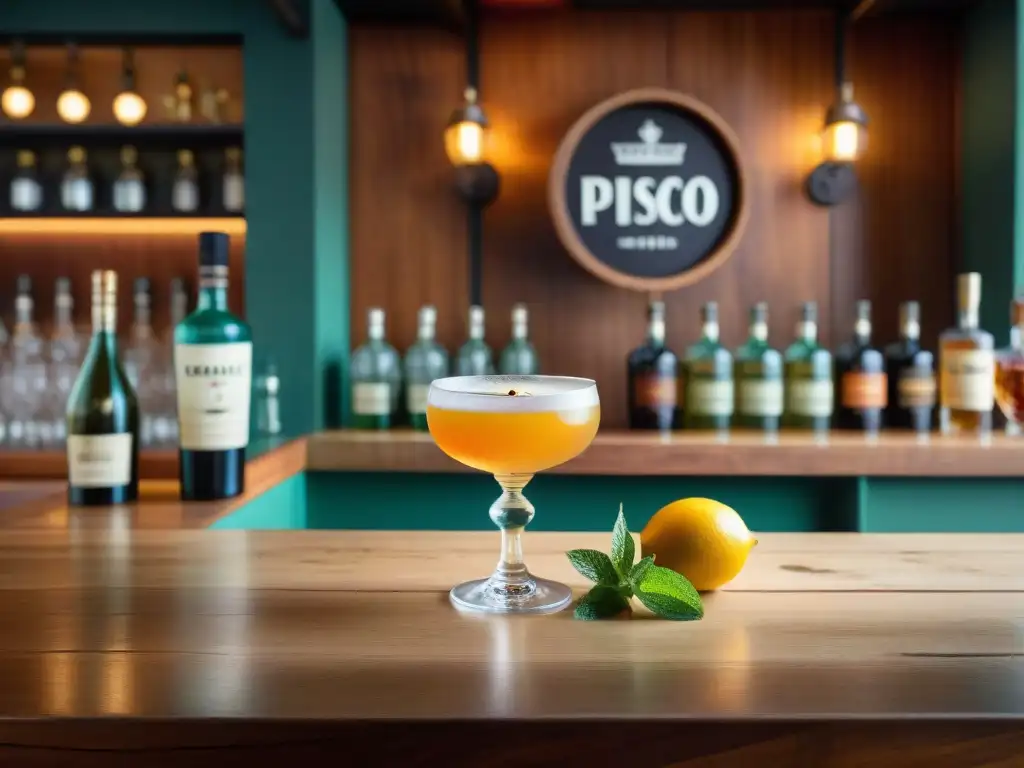 Imagen evocadora de un exquisito Pisco Punch en un vaso vintage, en un ambiente de bar clandestino del siglo XX