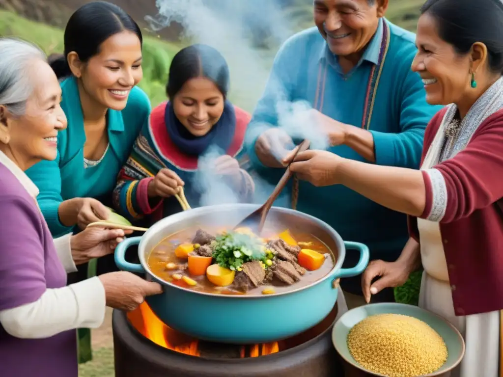 Imagen de una familia peruana preparando juntos un guiso de quinua, transmitiendo la receta generacionalmente